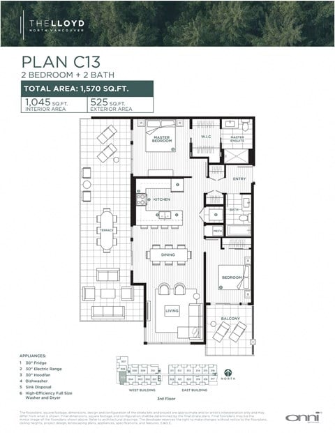 Floor plan for 2 beds, 2 baths, 1044 sqft